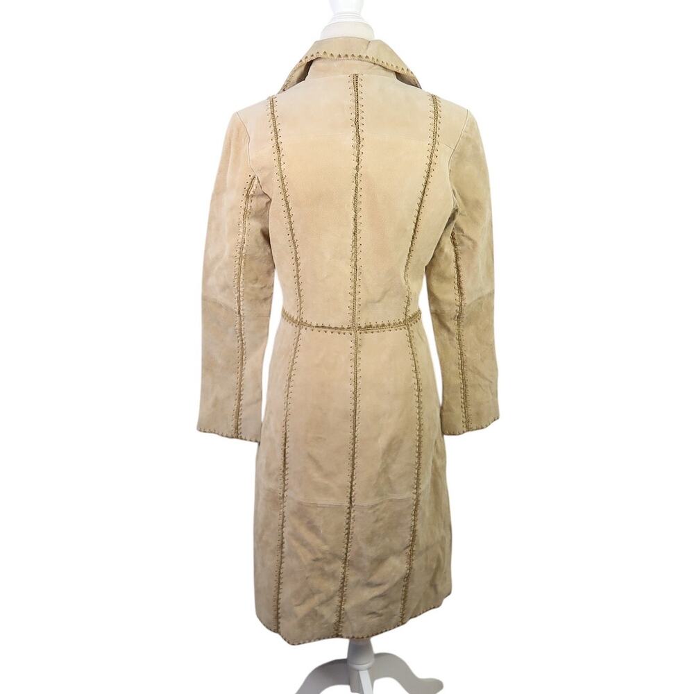 Vintage Y2K Beyond California Tan Suede Leather Crochet Trim Mid Length Coat S - Picture 4 of 6
